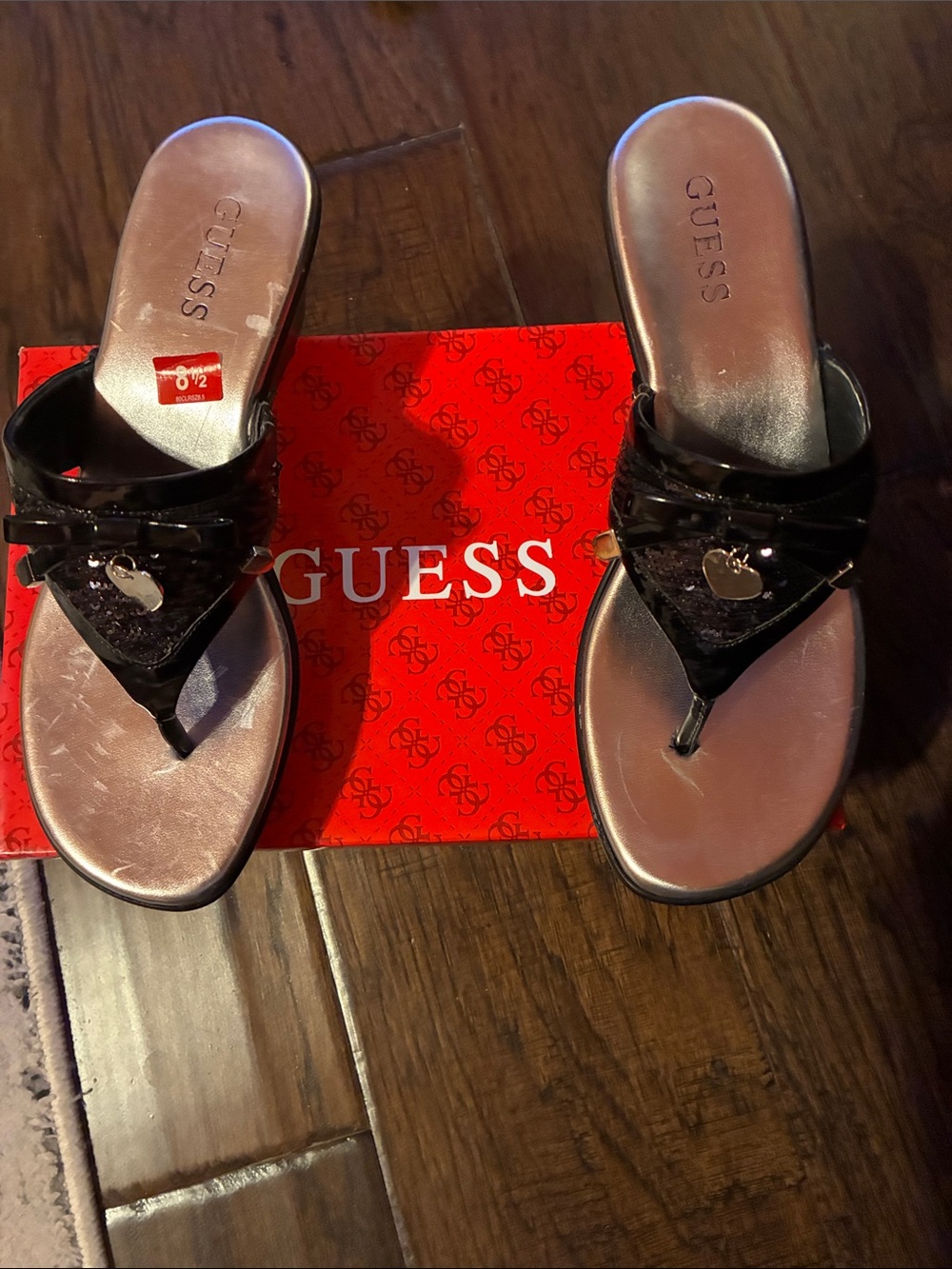 GUESS Black Velvet Thong Sandals with Metallic Footbed